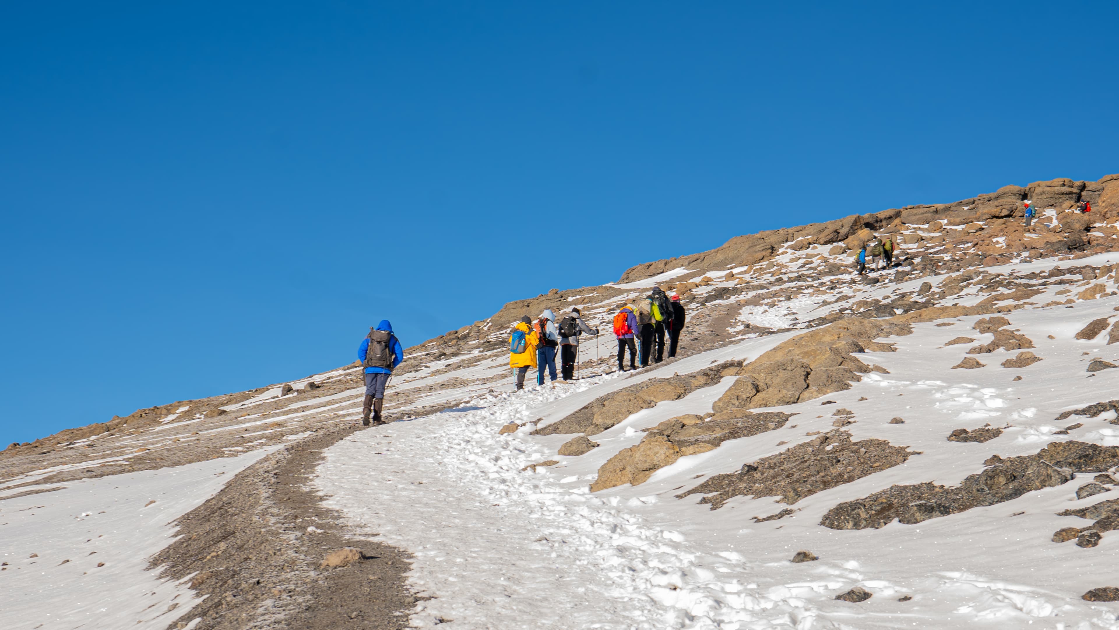 A small group climbing together on the snowy slopes of Mount Kilimanjaro